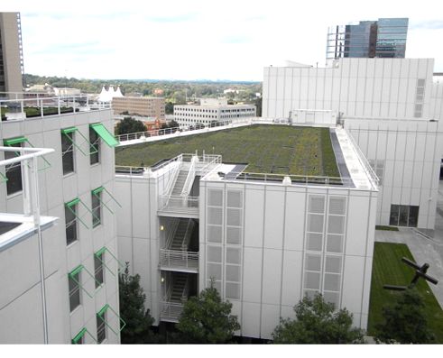 From the roof of the Atlanta Dormitories of SCAD, you can see the Bunzl Administration Building across the way, the Woodruff Arts Center below, as well as part of the SCAD greenroof itself on the upper left.