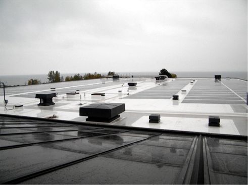 The BIPV roof facing the water